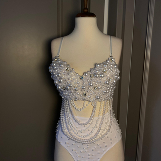 Pearl Luxury İnci Taşlı Zincir Detaylı Beyaz Bodysuit
