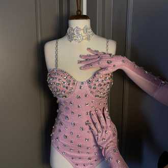 Princess Shine Taşlı Pembe Bodysuit & Eldiven Set