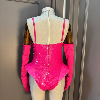Neon Pembe Payetli Eldivenli Fantezi Body Takımı
