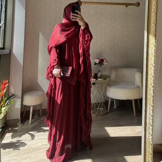 Bordo fırfır detaylı abaya 
