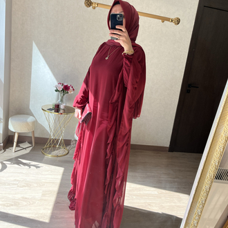 Bordo fırfır detaylı abaya 
