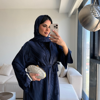 Lacivert jakarlı saten  abaya 