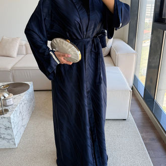 Lacivert jakarlı saten  abaya 