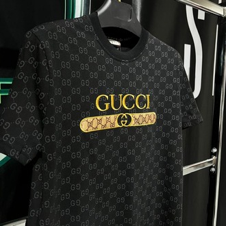 Gucci Siyah Monogram Premium Bisiklet Yaka Tshirt