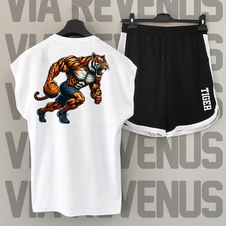 Tiger Baskılı Beyaz Sıfır Kol Tshirt Şort Takımı