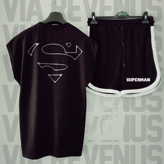 Superman Baskılı Sıfır Kollu Siyah Tişört ve Spor Şort