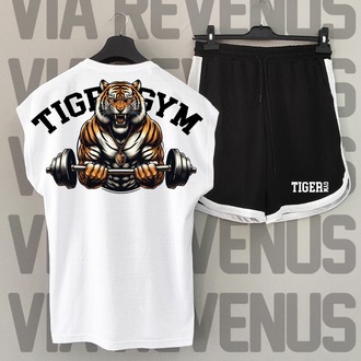 Tiger Gym Baskılı Beyaz Sıfır Kol Tshirt Şort Takımı
