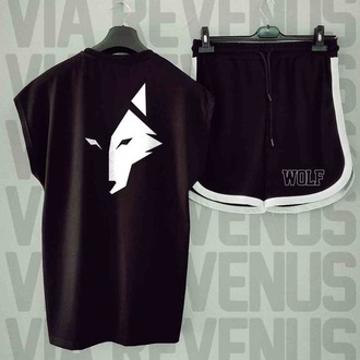 Wolf Baskılı Siyah Sıfır Kol Tshirt Şort Takımı