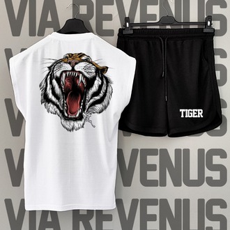 Tiger Baskılı Beyaz Sıfır Kol Tshirt Şort Takımı