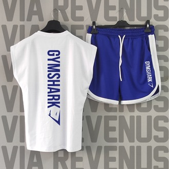 Gym Shark Baskılı Beyaz Sıfır Kol Tshirt ve Mavi Şort Takım