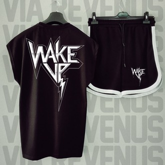 Wake Up Baskılı Siyah Sıfır Kol Tshirt Şort Takım