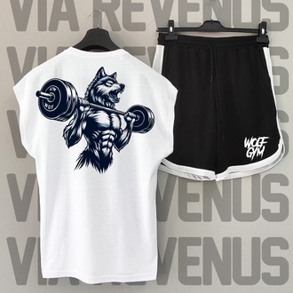 Wolf Gym Baskılı Beyaz Sıfır Kol Tshirt Şort Takım