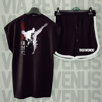 Taekwondo Baskılı Siyah Sıfır Kol Tshirt Şort Takım