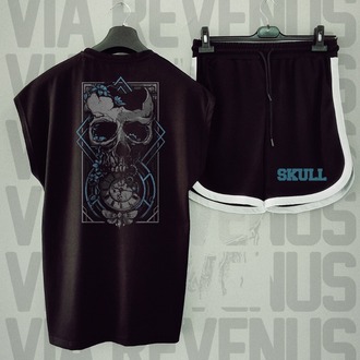 Skull Baskılı Siyah Sıfır Kol Tshirt Şort Takımı