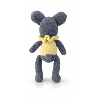El Örgüsü Amigurumi Tavşan Oyuncak - Sarı Elbiseli ve Fırfır Yakalı Sevimli Gri Tavşan