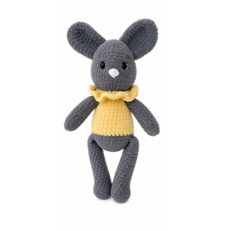 El Örgüsü Amigurumi Tavşan Oyuncak - Sarı Elbiseli ve Fırfır Yakalı Sevimli Gri Tavşan