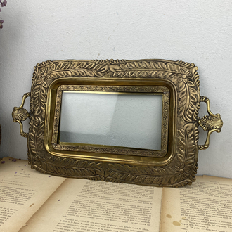 Vintage Fransız Art Nouveau Tarzı Camlı Pirinç Tepsi 