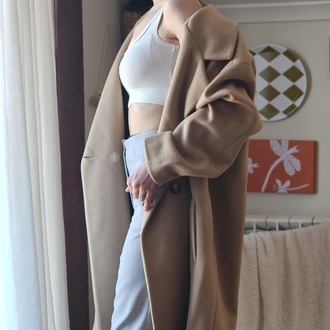 Kadın Bej Oversize Kaşe Kaban