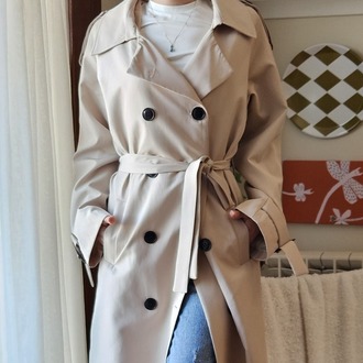 Kadın Oversize Uzun Düğmeli Kemer Detaylı Klasik Trençkot