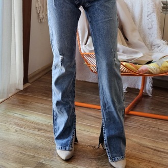 Yüksek Bel Düğme Detaylı Yırtmaçlı Denim Pantolon