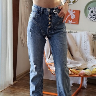 Yüksek Bel Düğme Detaylı Yırtmaçlı Denim Pantolon
