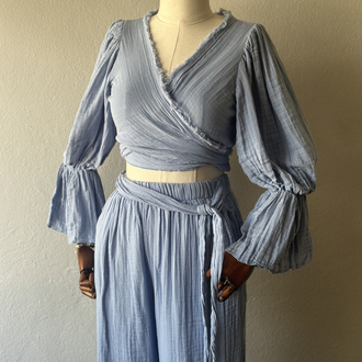 3lü takım Özel Boho Tasarım - pantolon,bluz,büstiyer - Bebe Mavi