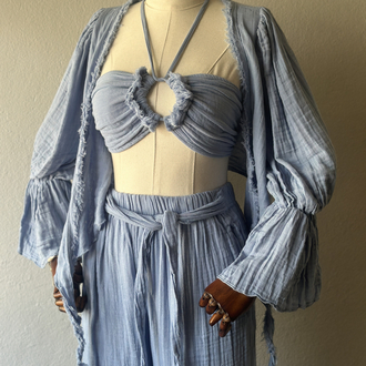 3lü takım Özel Boho Tasarım - pantolon,bluz,büstiyer - Bebe Mavi