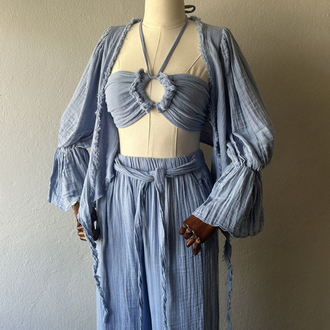 3lü takım Özel Boho Tasarım - pantolon,bluz,büstiyer - Bebe Mavi