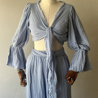 3lü takım Özel Boho Tasarım - pantolon,bluz,büstiyer - Bebe Mavi