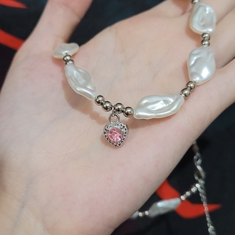 Pembe Kalp Detaylı İnci Kolye