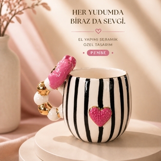 Pembe Aşk (Çizgili) Duble Türk Kahve Fincanı