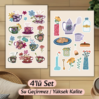 4'lü Çiçekli Vintage Sticker D00009