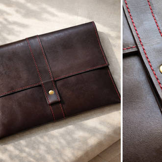 Kahve Deri / Kırmızı Dikiş Clutch 