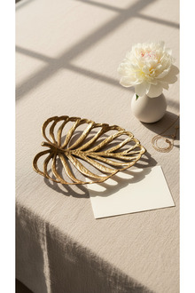 Gold Yaprak Desenli Dekoratif Metal Tepsi 29x25 cm Sehpa Kahve Sunum Tepsisi Ev Dekoru