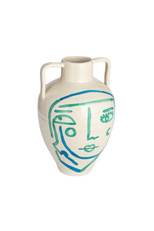 Beyaz-Mavi-Turkuaz El Yapımı Soyut Yüz Terracotta Vazo Boho Salon Konsol Sehpa Dekoru