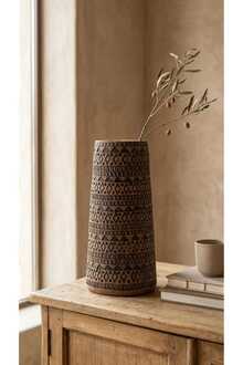 Siyah El Yapımı Terracotta Vazo Kabartmalı Modern Boho Dekor Salon Konsol Sehpa Dekoru