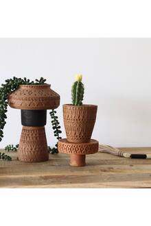 El Yapımı Kabartmalı Terracotta Vazo Büyük Boy Boho Dekoratif Vazo