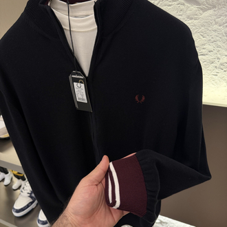 Fred Perry %100 Pamuk Full Zip Örme Triko (Siyah)