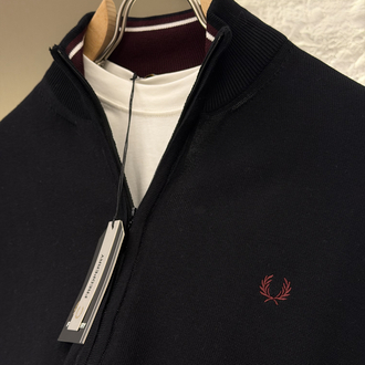 Fred Perry %100 Pamuk Full Zip Örme Triko (Siyah)