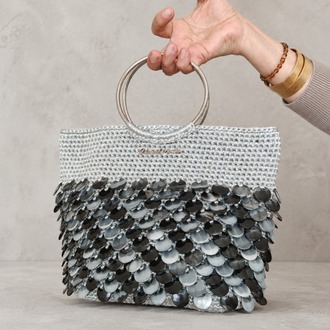 Handmade Silver Sequin Crochet Bag with Metal Ring Handles