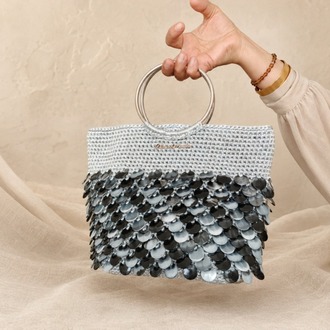 Handmade Silver Sequin Crochet Bag with Metal Ring Handles