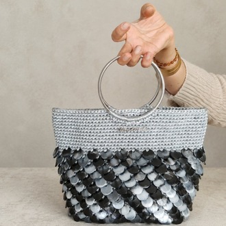 Handmade Silver Sequin Crochet Bag with Metal Ring Handles