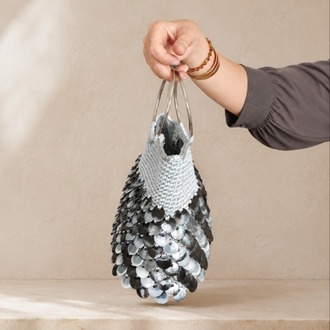 Handmade Silver Sequin Crochet Bag with Metal Ring Handles