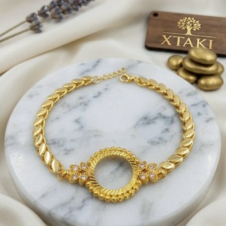 Çeyrekli Bileklik Çerçevesi Çelik Arpa Pullu Halep Zinciri Zirkon Taşlı Gold Kadın Bileklik