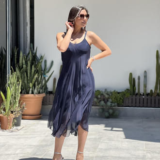 Lacivert ip askı oval elbise
