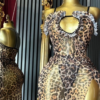 Leopar Derin Yırtmaç Detaylı Tangalı Gecelik