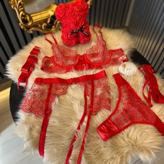 İthal Kırmızı Dantel Jarti Set