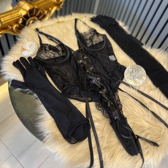 İthal Siyah Bodysuit Jartiyer Set