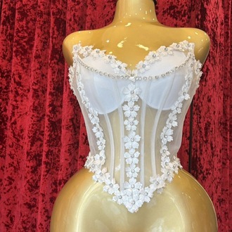 Beyaz Taşlı Çiçekli Korse Büstiyer