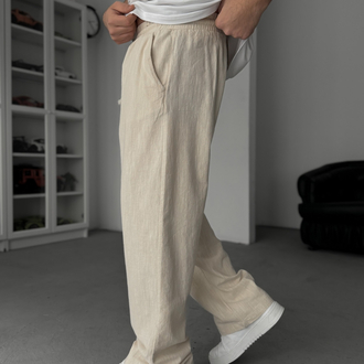 Krem İp Detaylı Keten Pantolon